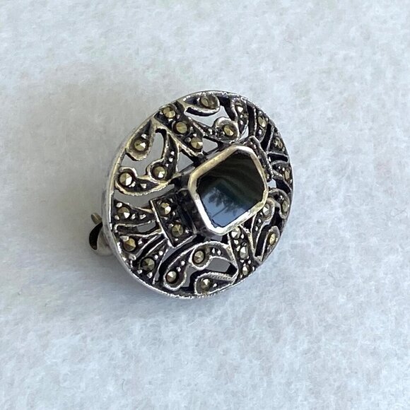 Sterling Silver 925 Dainty 0.89" Oval Black Onyx & Marcasite Brooch - Picture 8 of 16